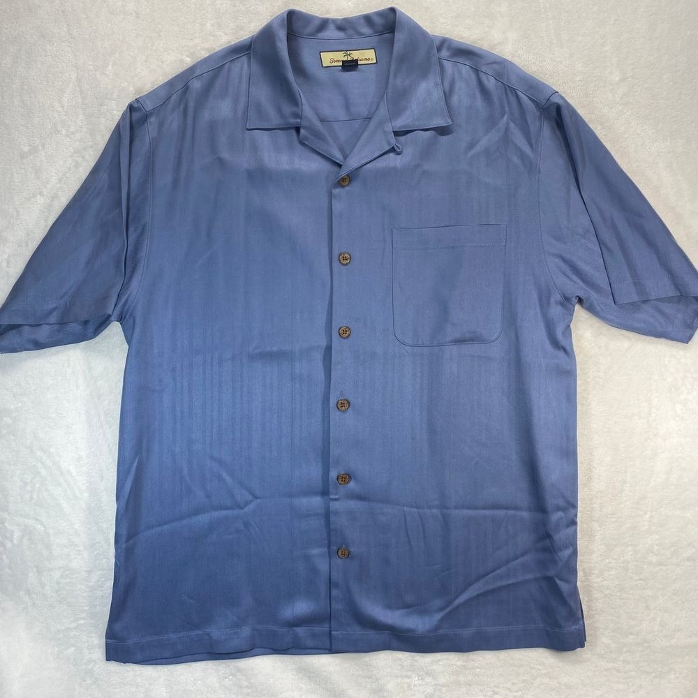 Tommy Bahama 100% Silk Blue Camp Shirt Button Up Resort Casual Tropical M Medium
